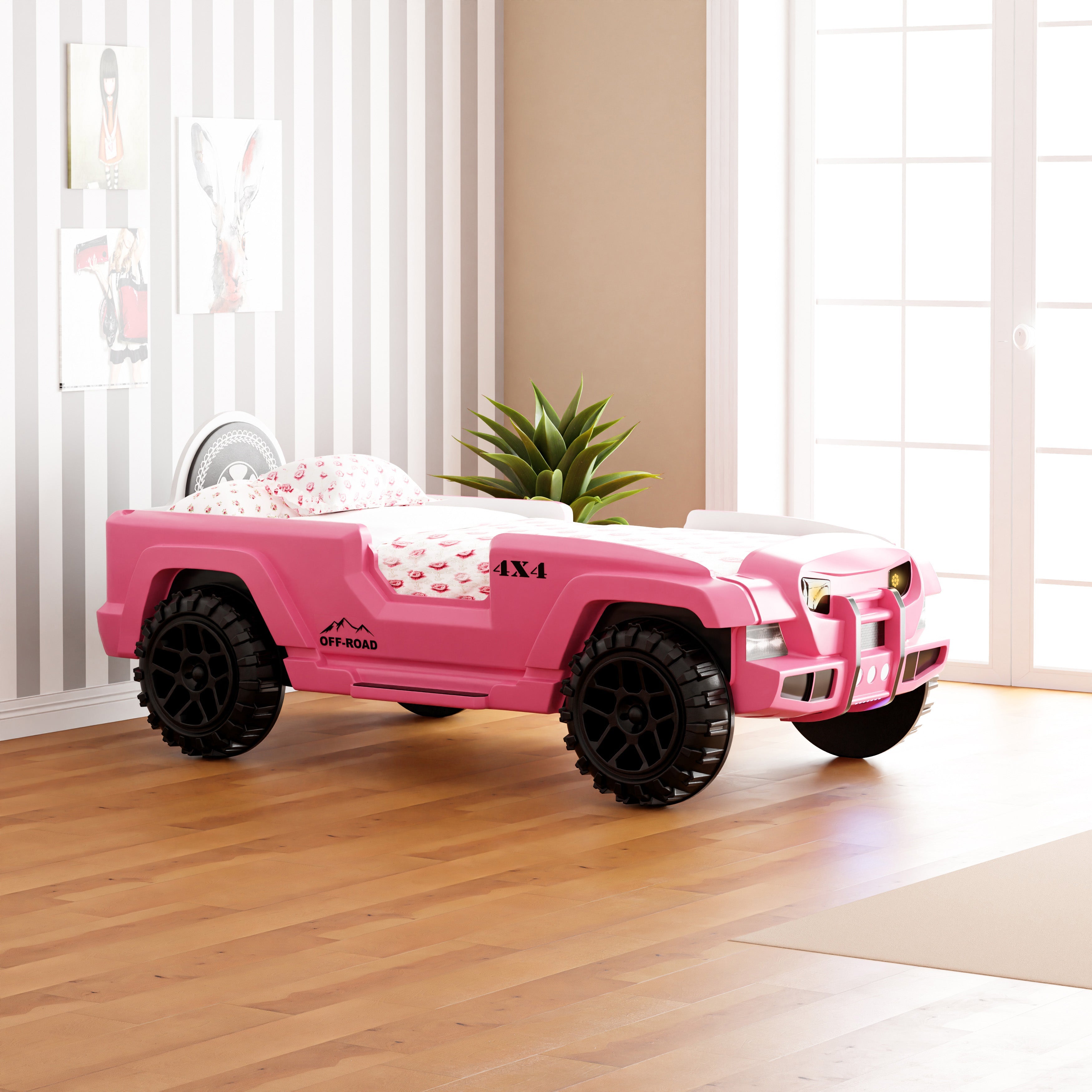 Letto Auto Jeep con LED Rosa